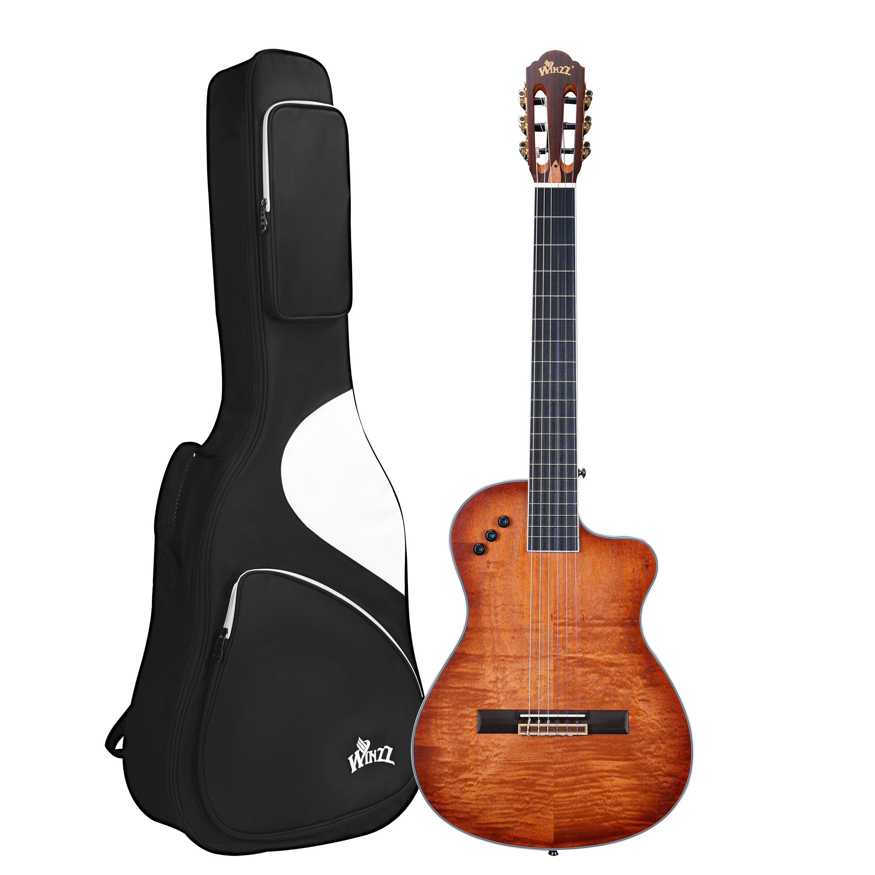 A beautiful sunburst-colored 39-inch thin body classical-electric guitar from WINZZ, featuring a sleek design, nylon strings, and a radiant finish that enhances its elegant look